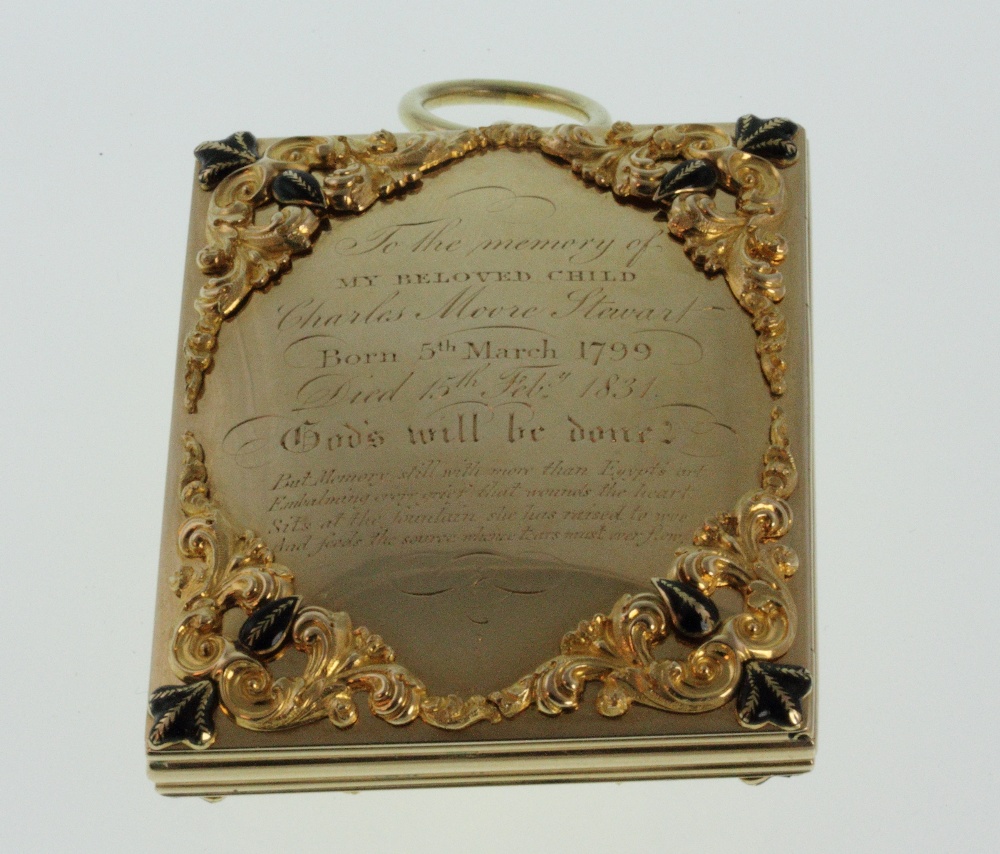 A William IV Gold and Black Enamel Memorial Locket. Circa 1831. Of rectangular form opening to