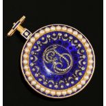 A Fine English 18th Century 18 Carat Yellow Gold, Diamond, Seed Pearl  and Cobalt Blue Enamel Key