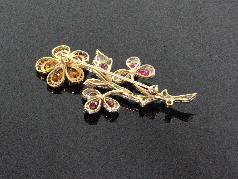 An Ornate Diamond Ruby and Cognac Coloured Diamond Set  Flower Brooch. Set in high carat yellow - Image 2 of 2