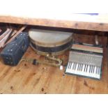 Hohner piano accordion, large drum, saxo