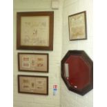 Three framed souvenir silks, sampler print and octagonal oak framed mirror (5)