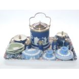 Collection of green, light and dark blue, Wedgwood Jasperware including biscuit barrel, condiments,