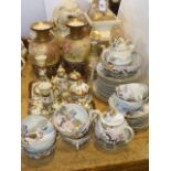 Pair of Doulton Burslem vases, Oriental tea set, trinket set, Satsuma incense burner,