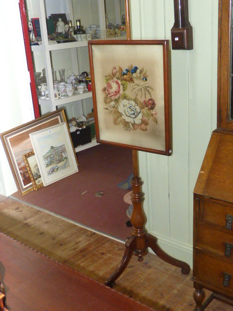 Victorian mahogany tripod pole screen having adjustable floral woolwork panel