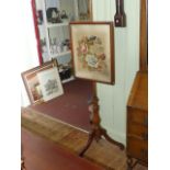 Victorian mahogany tripod pole screen having adjustable floral woolwork panel