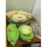 Collection of leaf dishes, large pottery dish, two toilet bowls, Waterford ship decanter,