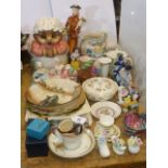 Three Royal Doulton figures and others, Dickens plate and collectors plates, china posies,
