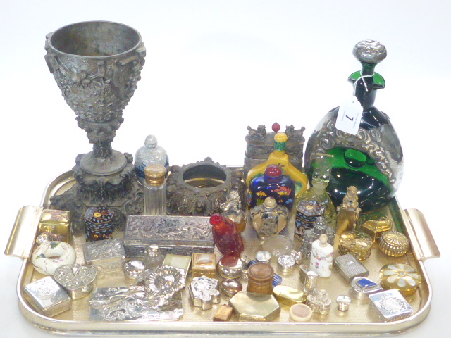 Metal urn on stand, Art Nouveau pewter and glass decanter, vesta's, snuff bottles, scent bottles,