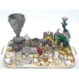 Metal urn on stand, Art Nouveau pewter and glass decanter, vesta's, snuff bottles, scent bottles,