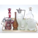 Cut glass claret jug, silver collared decanter, ruby overlay tankard, etched ruby candlestick,