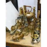 Patterson miners lamp, pair of Jack 'o' Diamonds brass candlesticks, collection of horse brasses,