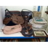 Collection of handbags, glass and pottery cake stands,