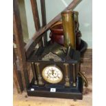 Victorian black slate mantel clock, wooden bowl,