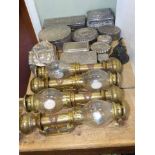 Four brass replica railway lamps and collection of metal boxes,