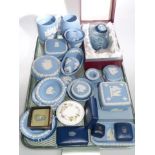 Collection of Wedgwood blue jasper ware including goblet, jewellery and trinket dishes etc.