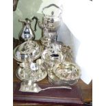 Collection of silver plated ware including spirit kettle, entree dish, tray, condiments etc.