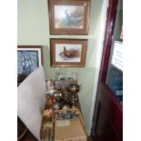 Silver trophy, various trophies, pheasant and chicken pictures, cutlery etc.