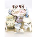 Pair of Staffordshire spaniels, Royal Doulton series ware jug, Continental comport and three plates,