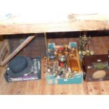 1950's radio, bowler hat, brass fire irons,spark guard,tools,flatware,