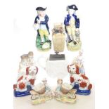 Pair of seated spaniels, Copeland teapot, three bisque figures, two toby jugs,