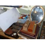 Oval gilt easel mirror, model vehicles, dominoes, silver pocket watch and stand,