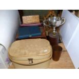 Victorian and later boxes of coins and collectables, trophy cup, gilt metal ornate easel frame etc.