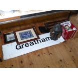 Collection of railwayana including Greatham sign, prints, lamp, shovel etc.