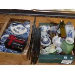 Two boxes of blue and white willow pattern china, Carlton ware, vases, Darlington pictures etc.