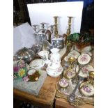 Pair of brass candlesticks, piquot teaset, petit point dressing table sets, glass dish,