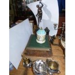 Pair of Spelter figures, three piece silver plated tea set,