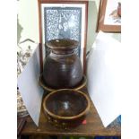 Pair of Burmese pictures and three Eastern wood vessels