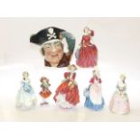 Royal Doulton character jug 'Long John Silver', four Ladies 'Blithe Morn', Top'o'the Hill',