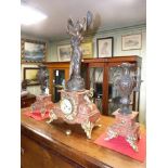 Spelter and rouge marble clock garniture