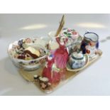 Two Royal Doulton figures and three character jugs, Masons bowl, Staffordshire toby, Japanese china,