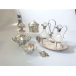 Silver-plate including tea caddy, sugar and cream, sugar caster,