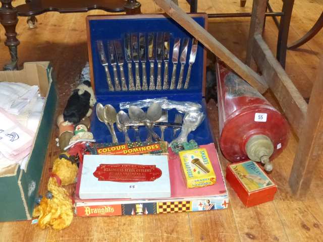 Canteen of cutlery, old fashioned fire extinguisher, toys,