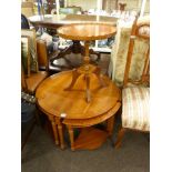 Circular nest of five yew tables and yew pedestal wine table