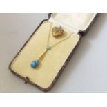 9ct gold turquoise and seed pearl set pendant and a turquoise pendant necklace (2)