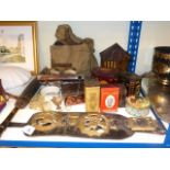 Vintage tins, horse brasses, mounted bells, gas mask, parasol, small wirework cup,