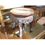 Carved Eastern hardwood jardiniere stand with marble inset top