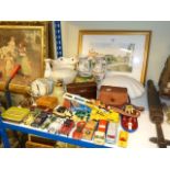 Print of Staindrop, Carlton vase, pair vases, light shades, two cameras, two clocks, toy cars,