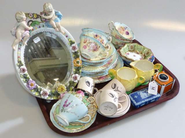 Cherub and flower encrusted mirror, tea china, Susie Cooper,