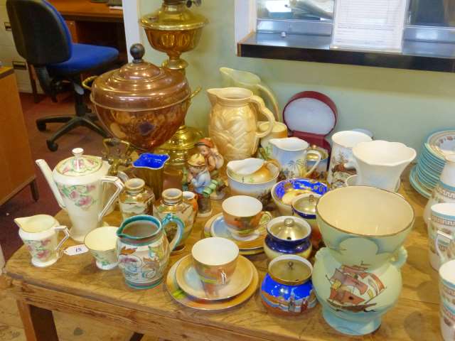 Copper urn, brass table lamp, Noritake and other china,