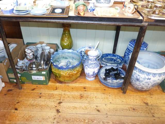 Two boxes of china and silver plate and several large blue and white ornamental pieces, plaques,