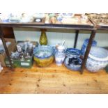 Two boxes of china and silver plate and several large blue and white ornamental pieces, plaques,