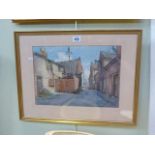 Alec Wright (1900-1981), Man walking along a cobbled street, signed and dated, watercolour, framed,