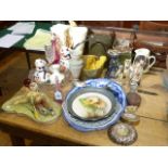 Collection of china, glass and metalwares including two silver mounted match strikers, coins,