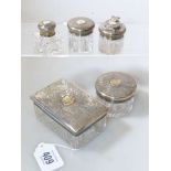 Victorian silver and silver-gilt topped five-piece dressing table set,