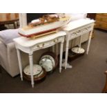 Two white turned leg console tables