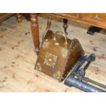 Oak and brass mounted coal box and shovel